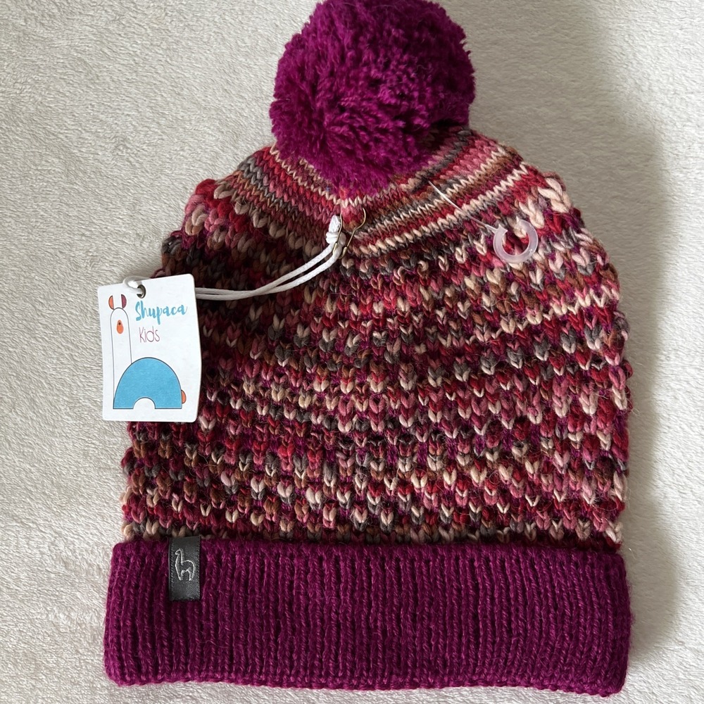 Shupaca Kids Alpaca Wool Beanie Hat w/ Pom NWT Fuchsia Pink Braided Knit Luxury